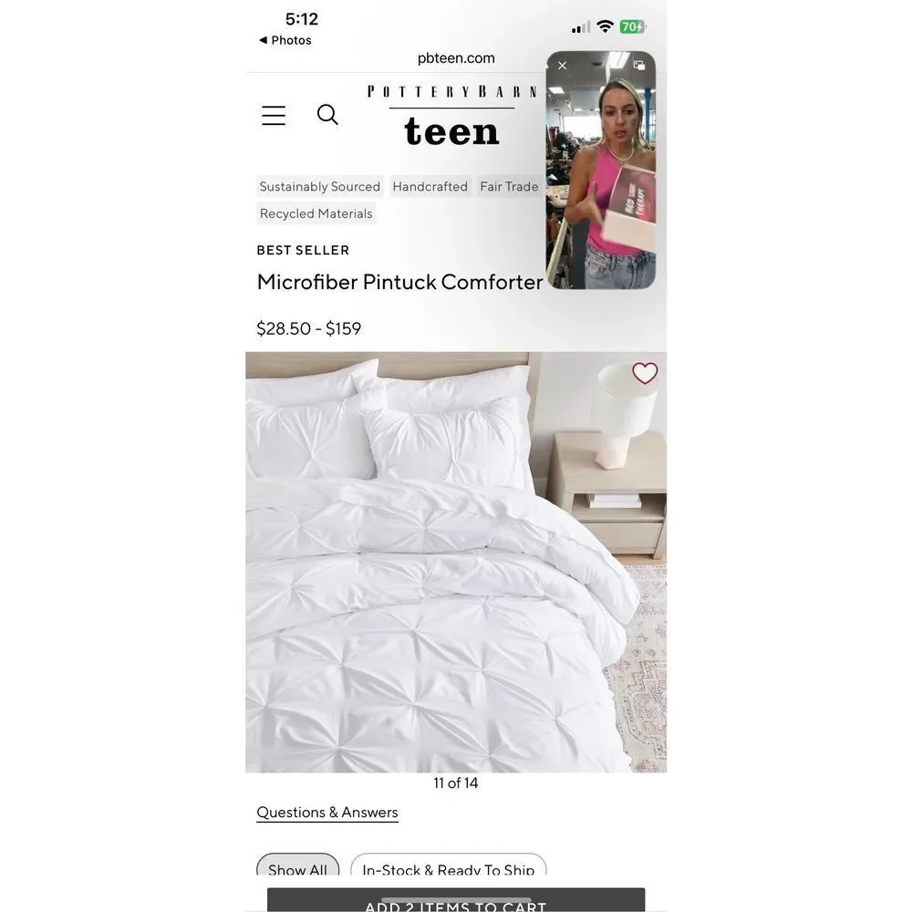 Pottery Barn Teen Microfiber Pintuck Std White